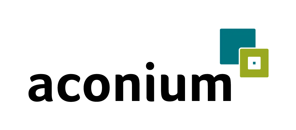 Logo der aconium GmbH mit geometrischen Formen in Türkis und Grün.