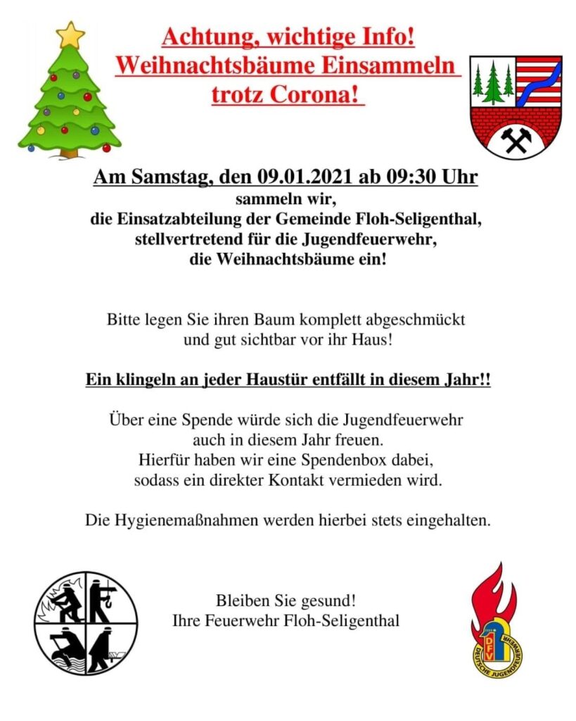 Das Bild zeigt einen Flyer zum Einsammeln der Weihnachtsbäume am 09.01.2021.