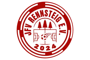 Rotes rundes Logo des JFV Rennsteig e.V. mit Fußballmotiv und Jahreszahl 2024.