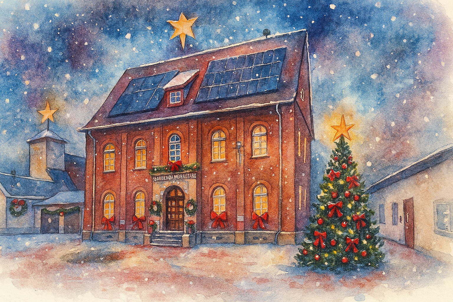 Aquarellbild eines festlich geschmückten Rathauses mit Weihnachtsbaum im Schnee