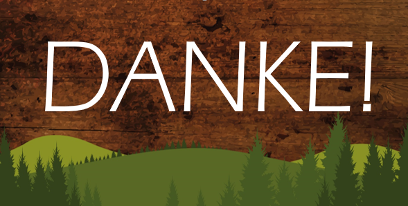 Grafik mit dem Wort DANKE in großen weißen Buchstaben vor Holz- und Waldhintergrund