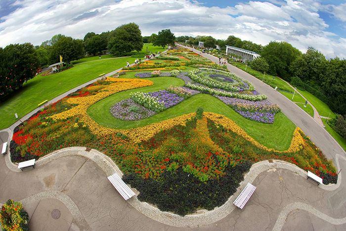 Fotografie einer Blumenbeetrabatte im Ega Park Erfurt (Fischaugenstil)