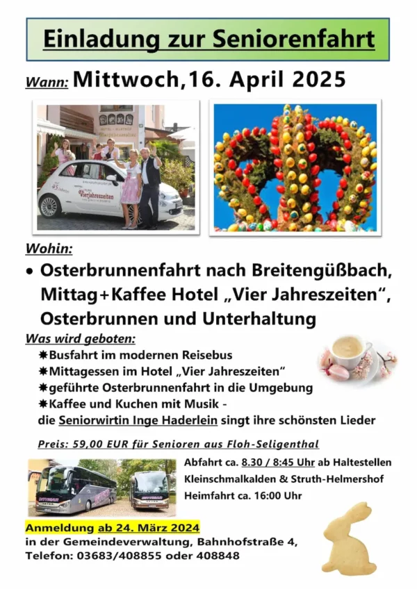 Plakat: Einladung zur Seniorenfahrt zur Osterbrunnenfahrt nach Breitengüßbach