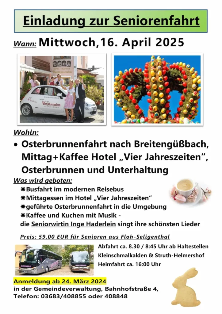 Plakat: Einladung zur Seniorenfahrt zur Osterbrunnenfahrt nach Breitengüßbach