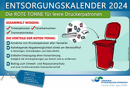 Infoplakat Entsorgungskalender 2024 mit der roten Tonne für leere Druckerpatronen und Informationen zu Annahme, Vorteilen und Umweltschutz