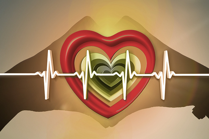 Bildkomposition; 1 Paar Hände die ein Herz formen, darüberliegens das Symbol Herz in mehreren Farben eingefärbt, darüberliegend eine EKG Kurve