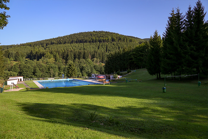 Blick auf die Liegewiese, im HIntergrund das Schwimmbecken und einen Blick auf den Thüringer Wald