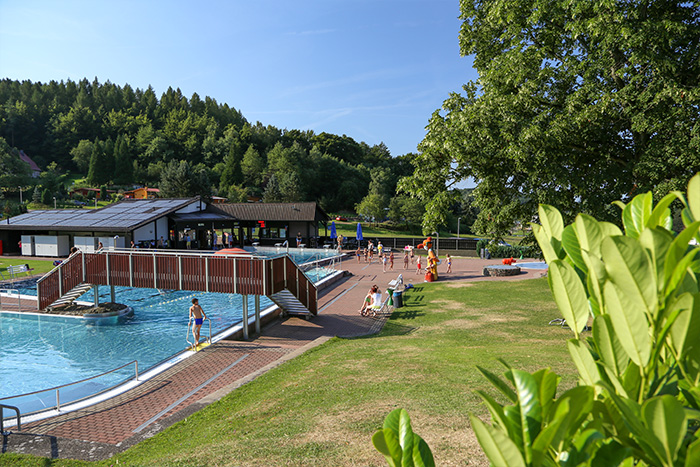 Sicht auf die Liegewiese und das Schwimmbecken