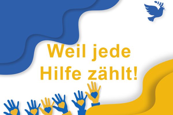 Grafik mit blau-gelben Händen und Herzen sowie Friedenstaube und dem Schriftzug Weil jede Hilfe zählt