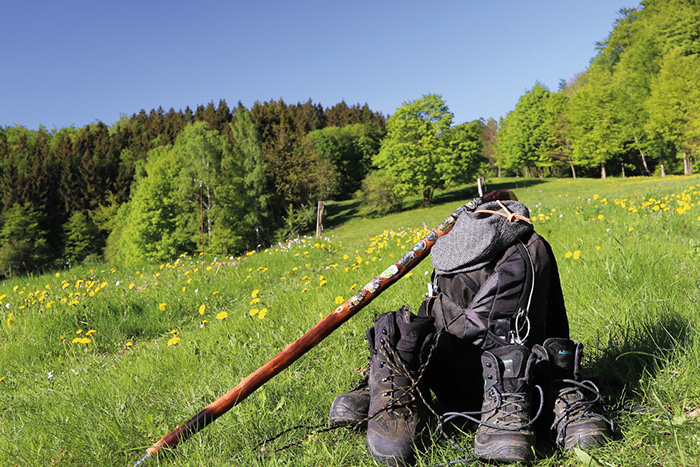 Wiese , im Hintergrund Wald, auf der Wiese steht ein Wanderrucksack an dem ein Spazierstock lehnt, Mütze und Wanderschuhe
