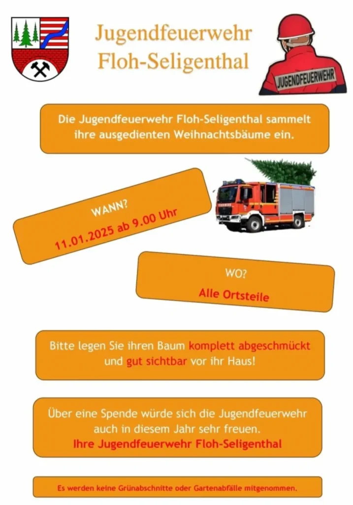 Plakat der Jugendfeuerwehr Floh-Seligenthal zur Abholung ausgedienter Weihnachtsbäume am 11. Januar 2025 in allen Ortsteilen