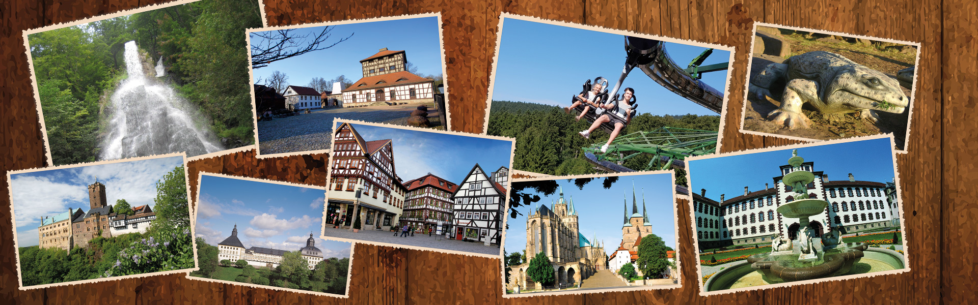 Bildercollage: dunkler Holzhintergrund mit Fotos von Ausflugsziele rund um Floh-Seligenthal