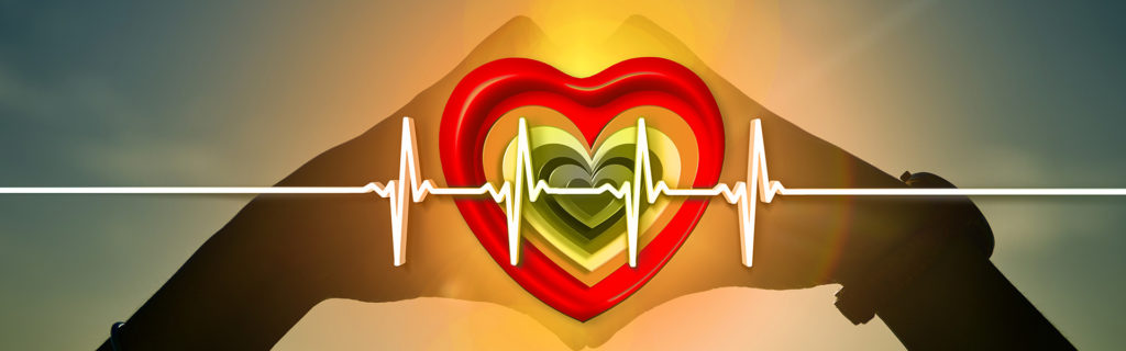Bildkomposition; 1 Paar Hände die ein Herz formen, darüberliegens das Symbol Herz in mehreren Farben eingefärbt, darüberliegend eine EKG Kurve
