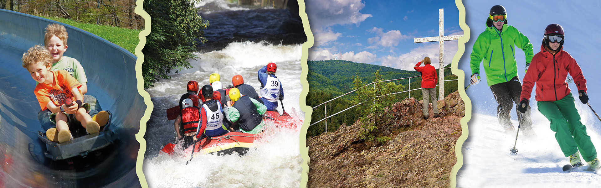 Bildcollage von Bildern einer Sommerrodelbahn mit rodelnden Kindern, Wildwasserrafting, Wandern im Thüringer Wald und Skifahren