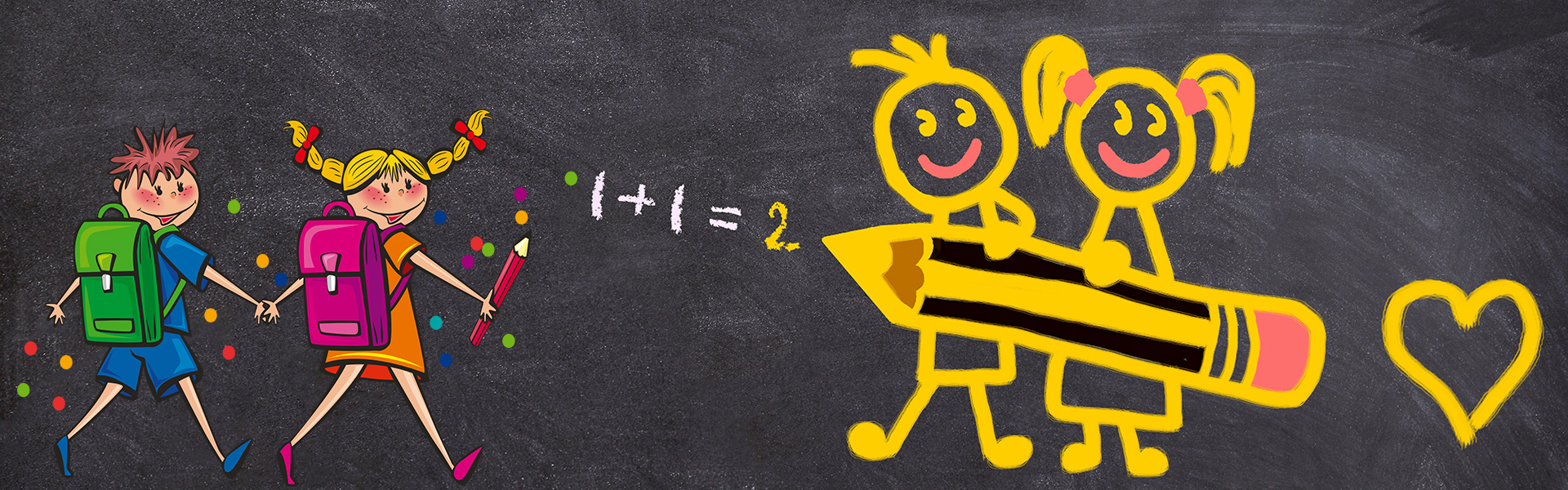 Kreidebild auf einer Tafel in gelb 2 gezeichnete Kinder , die zusammen eunen übergroßen Bleistift halten