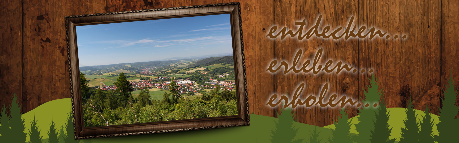 Bildcollage: dunkler Holhintergrund auf dem ein gerahmtes Bild von einer Aussicht auf Floh-Seligenthal daneben in Schreibschrift "entdecken, erleben, erholen"