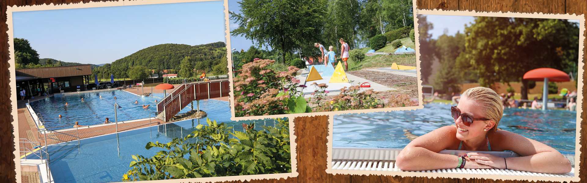 Headerbild, Bildcollage aus mehreren Fotos, die das Schwimmbad und den Minigolfplatz zeigen