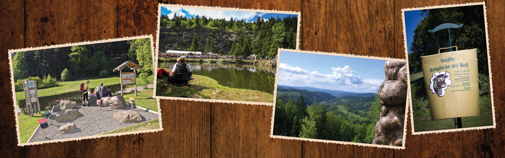 Bildercollage auf einem dunklen Holzhintergrund, Man sieht u.a. Bilder vom Geopark, Bergsee Ebertswiese und der größten Kuhglocke der Welt