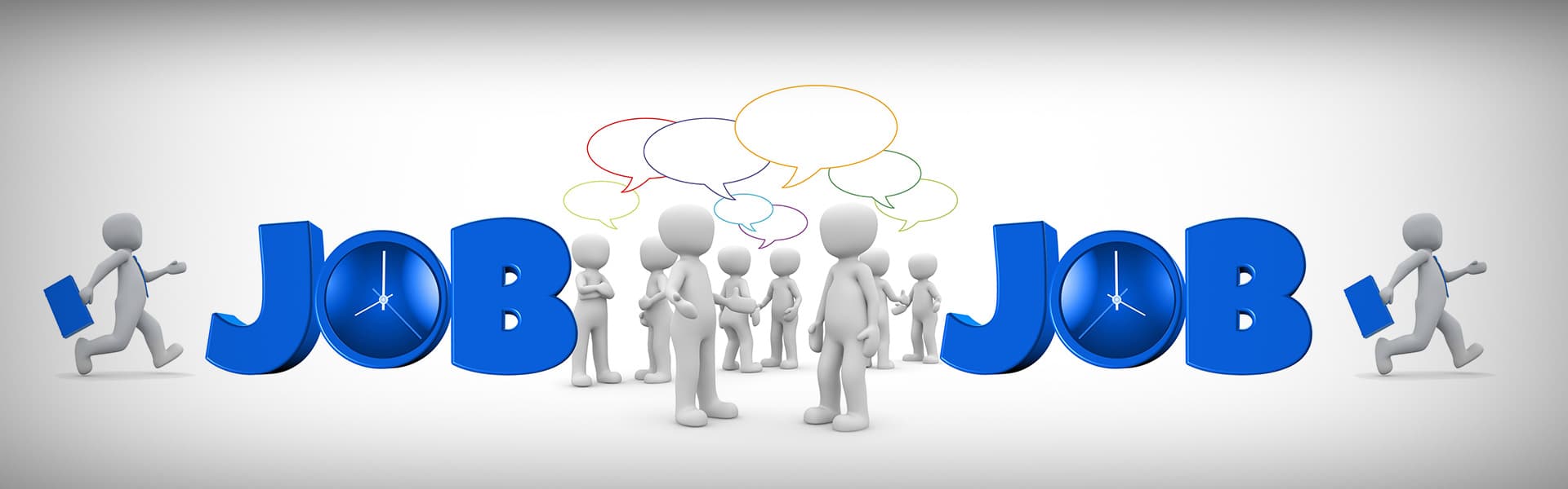 Eine Gruppe Knetgummimenschen unterhalten sich (Sprechblasen über ihren Köpfen) links und rechts davon steht in großen blauen fetten Buchstaben "JOB" wobei das "O" eine Uhr ist