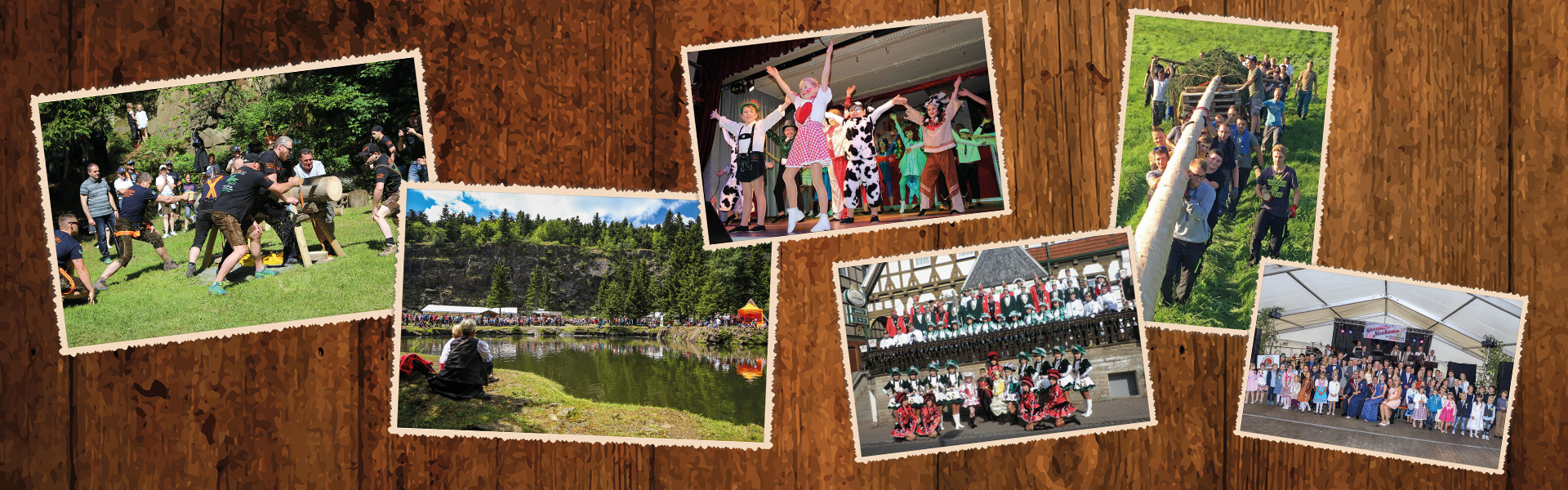 Bildcollage Fotos von Karnevall, Kirmes und Bergseefest auf dunklen Holzhintergrund