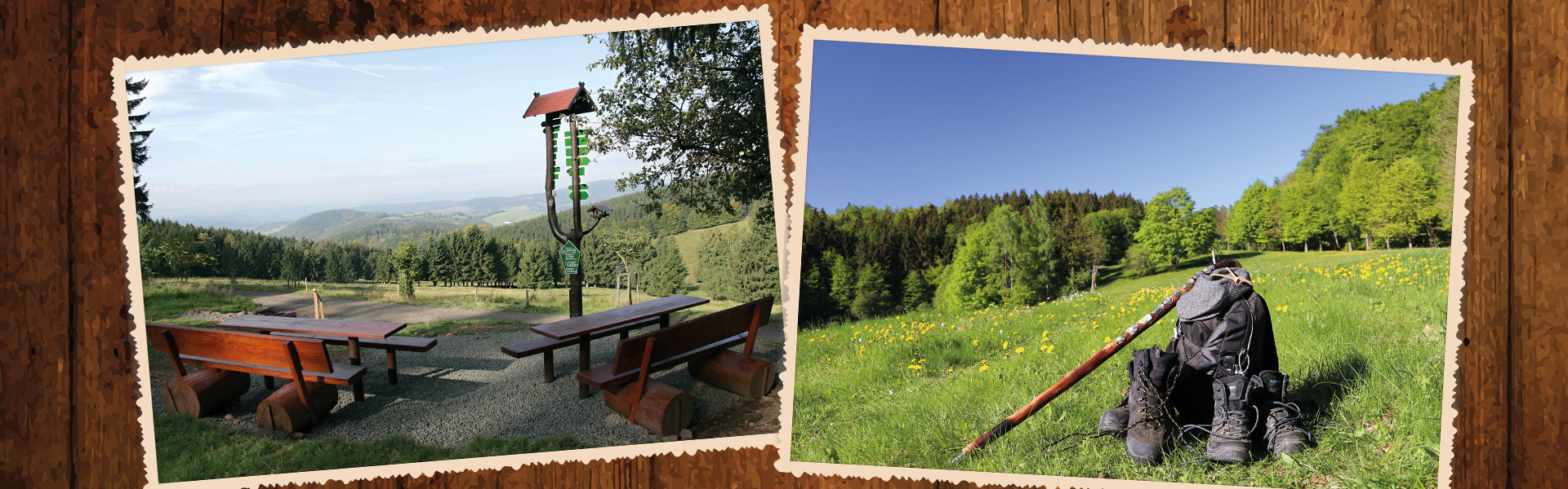 Bildercollage, dunkler Holzhintergrund mit 2 Fotos, Bild 1: Aussichtspunkt mit Rastplatz und Wegweiser und grandiosem Ausblick auf den Thüringer Wald (Floh-Seligenthal), Bild 2: Wiese , im Hintergrund Wald, auf der Wiese steht ein Wanderrucksack an dem ein Spazierstock lehnt, Mütze und Wanderschuhe
