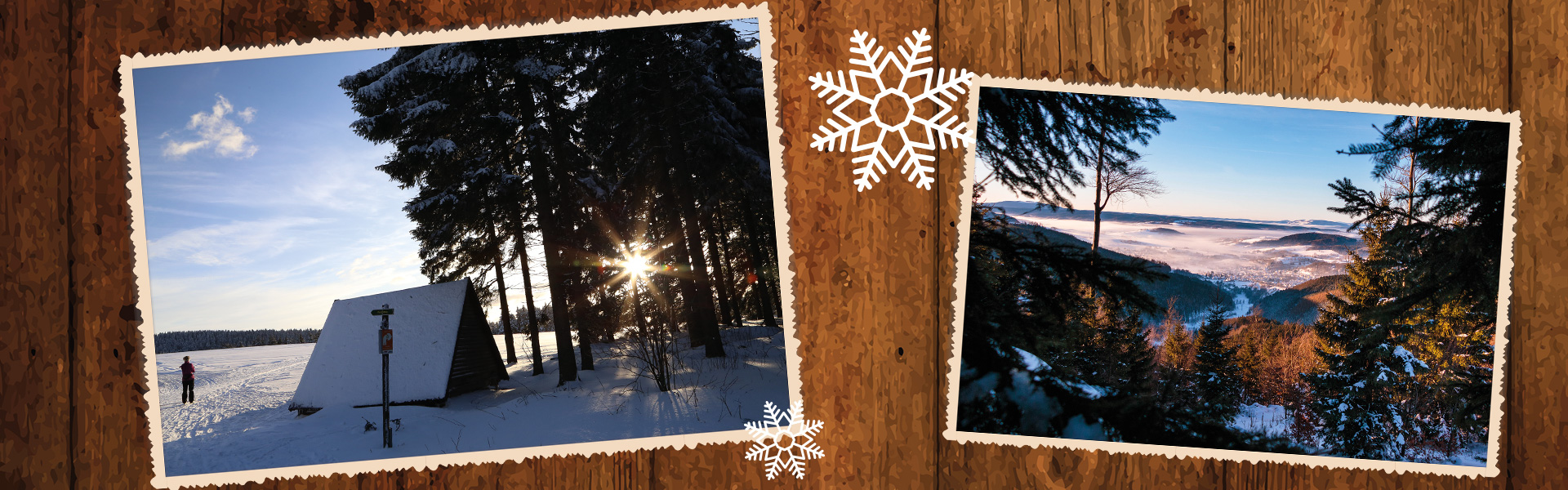 Bildercollage auf dunklem Holzhintergrund 2 Winterfotos und Schneeflocken