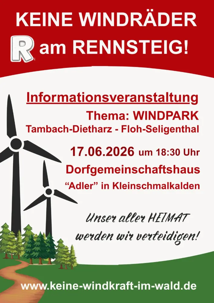 Plakat für eine Informationsveranstaltung zum Thema Windpark Tambach-Dietharz – Floh-Seligenthal am 17. Juni 2026 in Kleinschmalkalden.