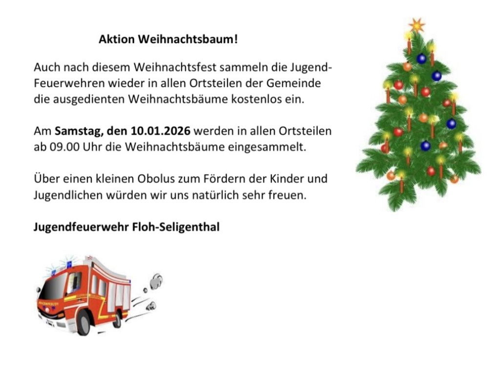 Plakat zur Aktion „Weihnachtsbaum“ der Jugendfeuerwehr mit Sammeltermin und Weihnachtsbaum-Grafik