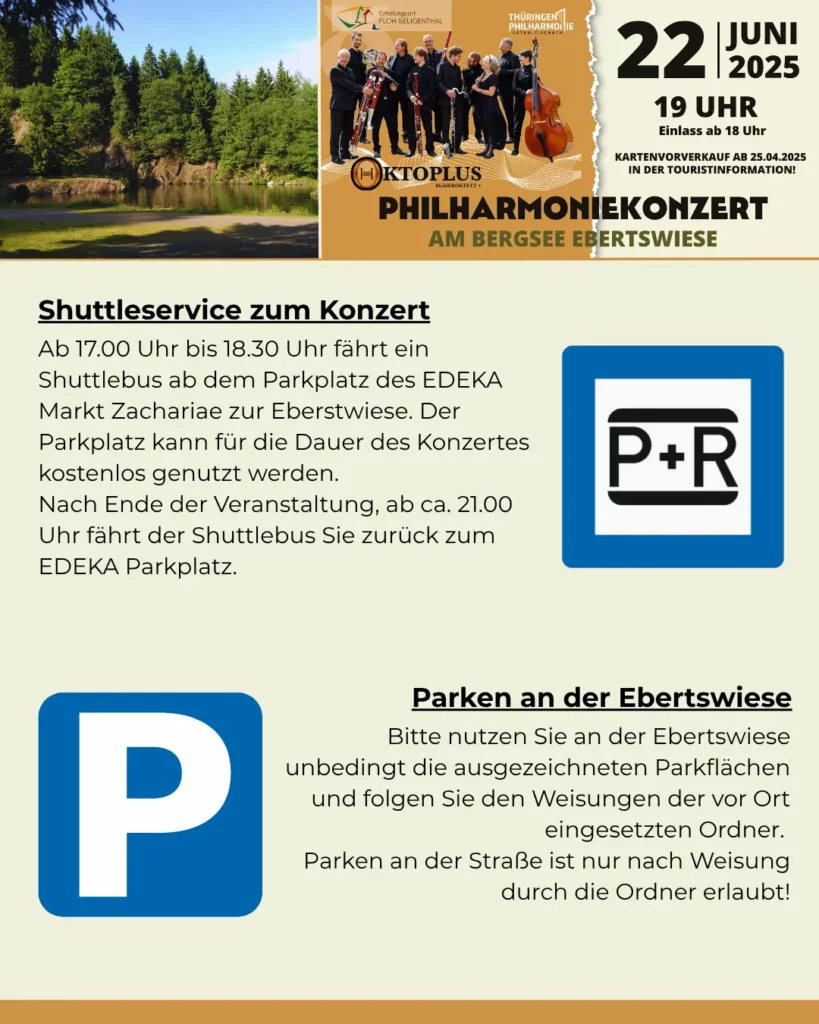 Plakat mit Informationen zur Parkplatzsituation und Shuttleservice zum Philharmoniekonzert