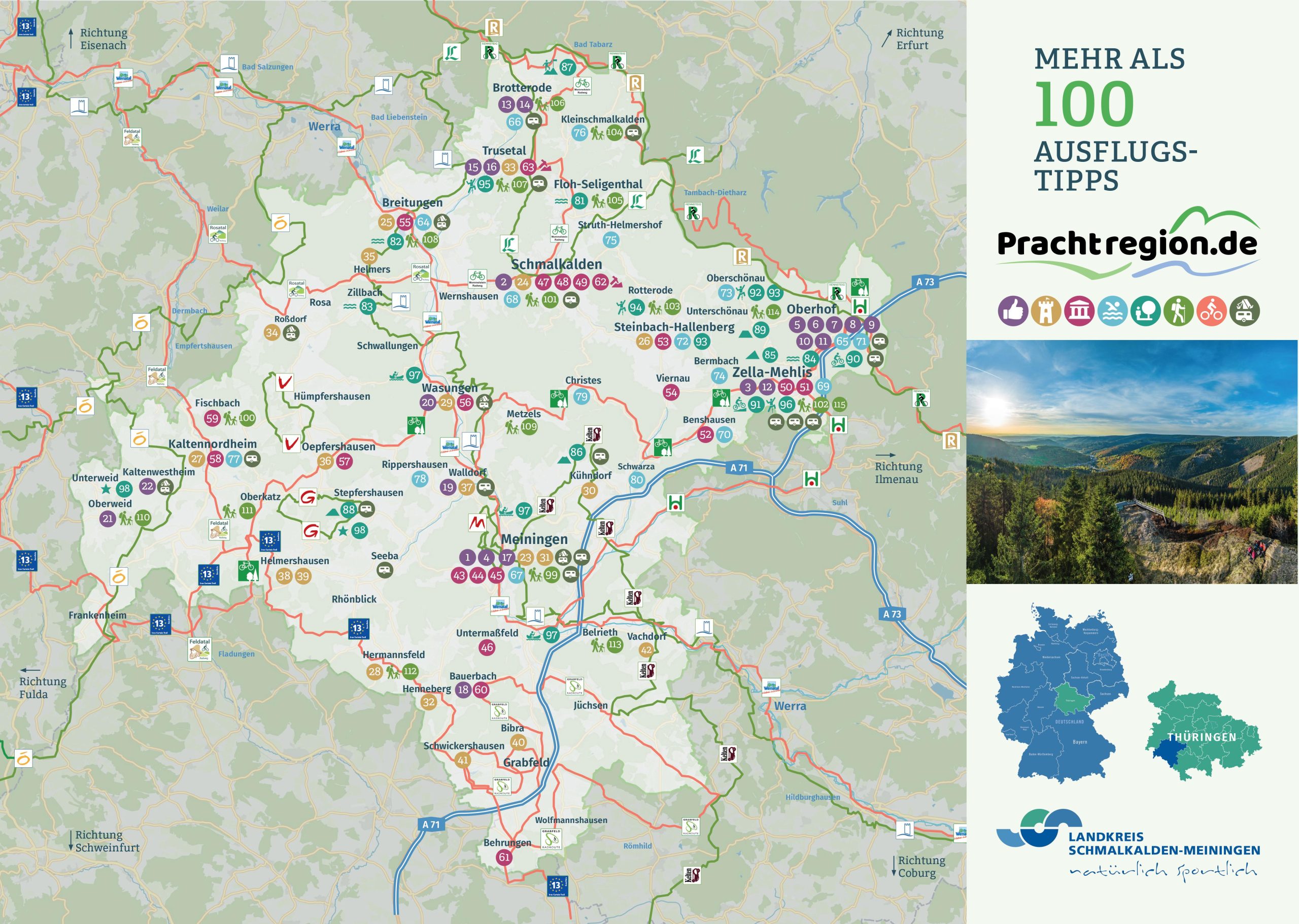 Übersichtskarte der Prachtregion im Landkreis Schmalkalden-Meiningen mit touristischen Zielen und Symbolen für Sehenswürdigkeiten.