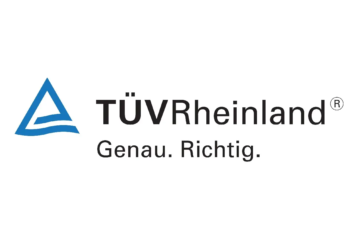Logo von TÜV Rheinland mit blauem Prüfzeichen und dem Schriftzug „Genau. Richtig.“