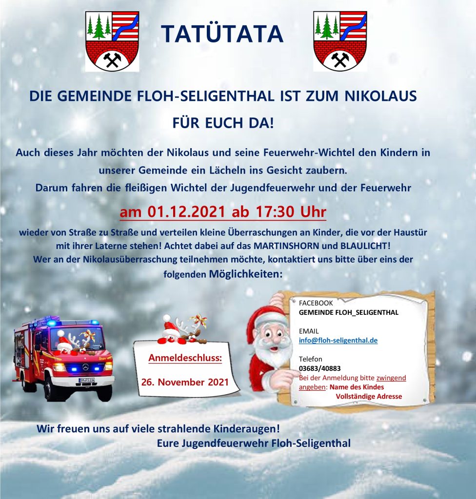 Plakat zur Nikolausaktion der Feuerwehr Floh-Seligenthal mit Datum, Uhrzeit und Anmeldeschluss