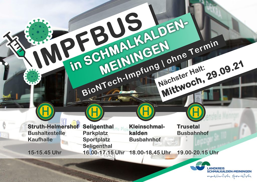 Plakat zum Impfbus in Schmalkalden-Meiningen mit Haltestellen und Uhrzeiten am 29.09.2021