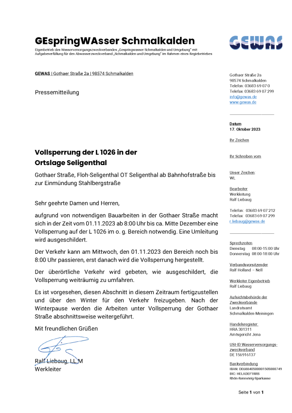Pressemitteilung zur Vollsperrung der L 1026 in Floh-Seligenthal Ortsteil Seligenthal ab dem 1. November 2023 wegen Bauarbeiten