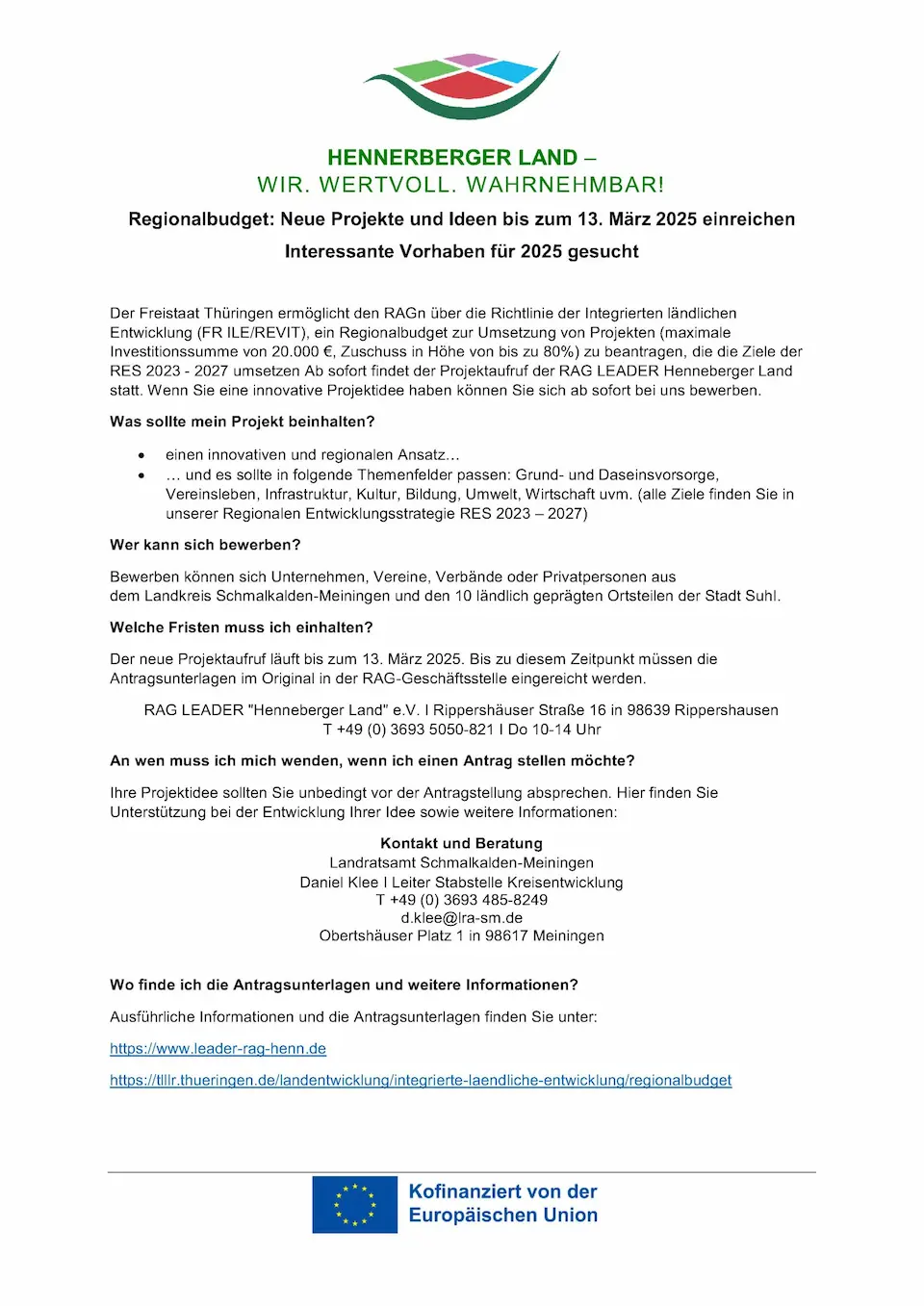 Anschreiben zum Projektaufruf Regionalbudget 2025