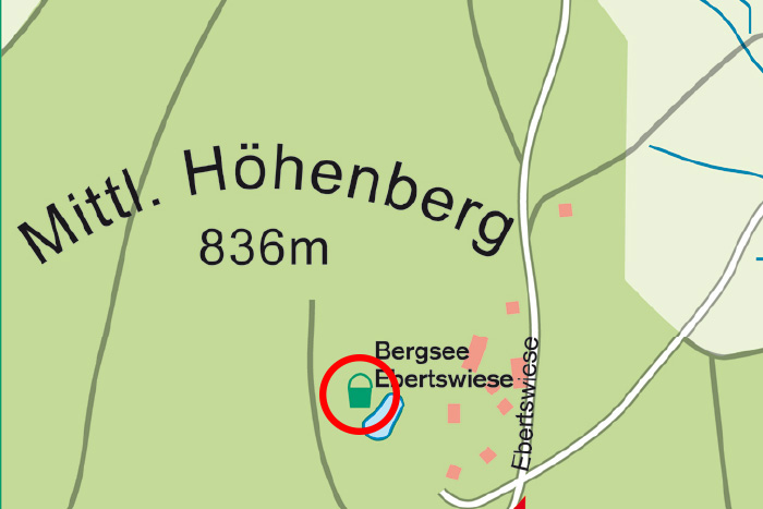 Ausschnitt Landkarte von Floh-Seligenthal, Lage des Spielplatz Ebertswiese ist rot eingekreist