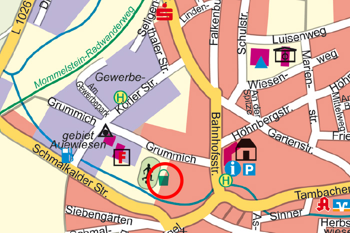 Ausschnitt Landkarte von Floh-Seligenthal, Lage des Spielplatz am Sportplatz in Floh ist rot eingekreist
