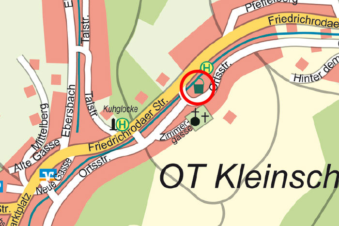 Ausschnitt Landkarte von Floh-Seligenthal, Lage des Spielplatz Park Kleinschmalkalden ist rot eingekreist