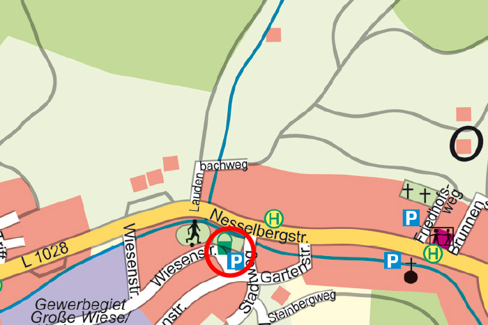 Ausschnitt Landkarte von Floh-Seligenthal, Lage des Spielplatz am Sportplatz Schnellbach ist rot eingekreist