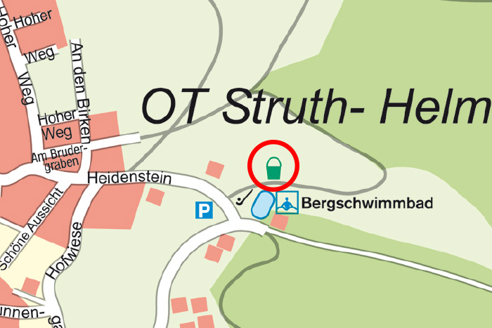 Ausschnitt Landkarte von Floh-Seligenthal, Lage des Spielplatz Schwimmbad Struth-Helmershof ist rot eingekreist
