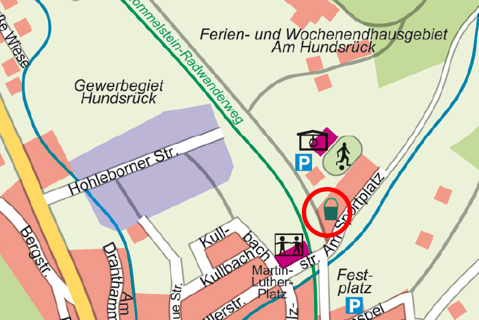 Ausschnitt Landkarte von Floh-Seligenthal, Lage des Spielplatz am Sportplatz Seligenthal ist rot eingekreist