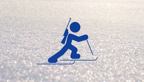 Symbolfigur für Biathlon mit Gewehr auf dem Rücken und Skistöcken auf verschneitem Untergrund