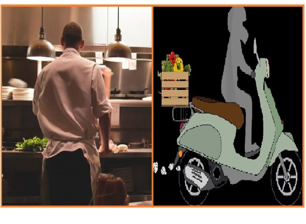 Koch in einer Restaurantküche und Illustration einer Person auf einem Motorroller mit Lebensmittellieferung – Serviceangebote in Floh-Seligenthal