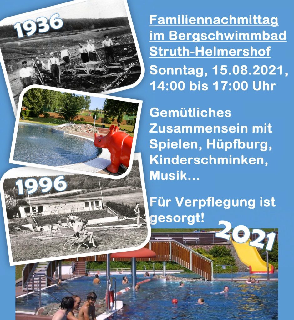 Plakat zum Familiennachmittag im Bergschwimmbad Struth-Helmershof mit historischen und aktuellen Fotos