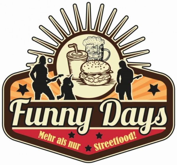 Logo der Funny-Days mit Burger, Getränken, Musikern und Schriftzug Mehr als nur Streetfood