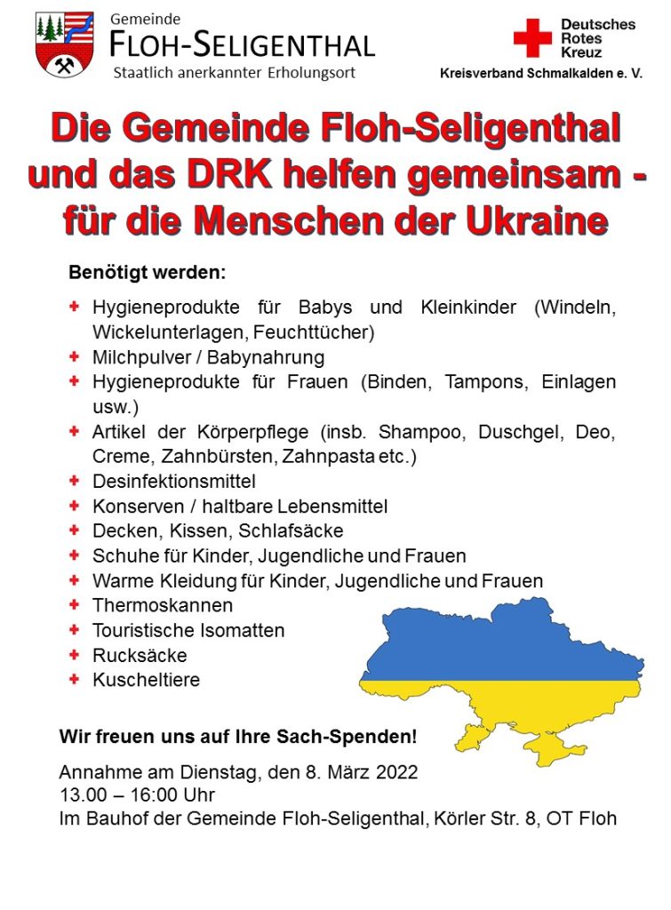 Plakat der Gemeinde Floh-Seligenthal und des DRK zur Spendenaktion für die Menschen in der Ukraine