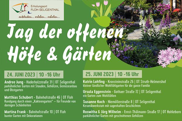 Veranstaltungsplakat zum Tag der offenen Höfe und Gärten am 24. und 25. Juni 2023 in Floh-Seligenthal mit Teilnehmeradressen und Gartenbeschreibungen