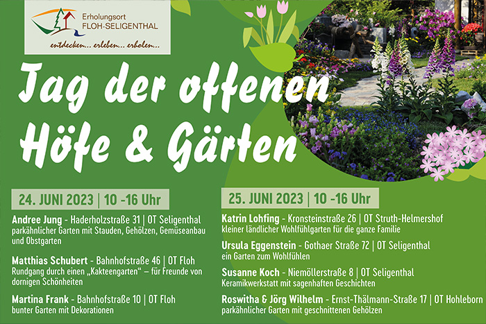 Veranstaltungsplakat zum Tag der offenen Höfe und Gärten am 24. und 25. Juni 2023 in Floh-Seligenthal mit Teilnehmeradressen und Gartenbeschreibungen